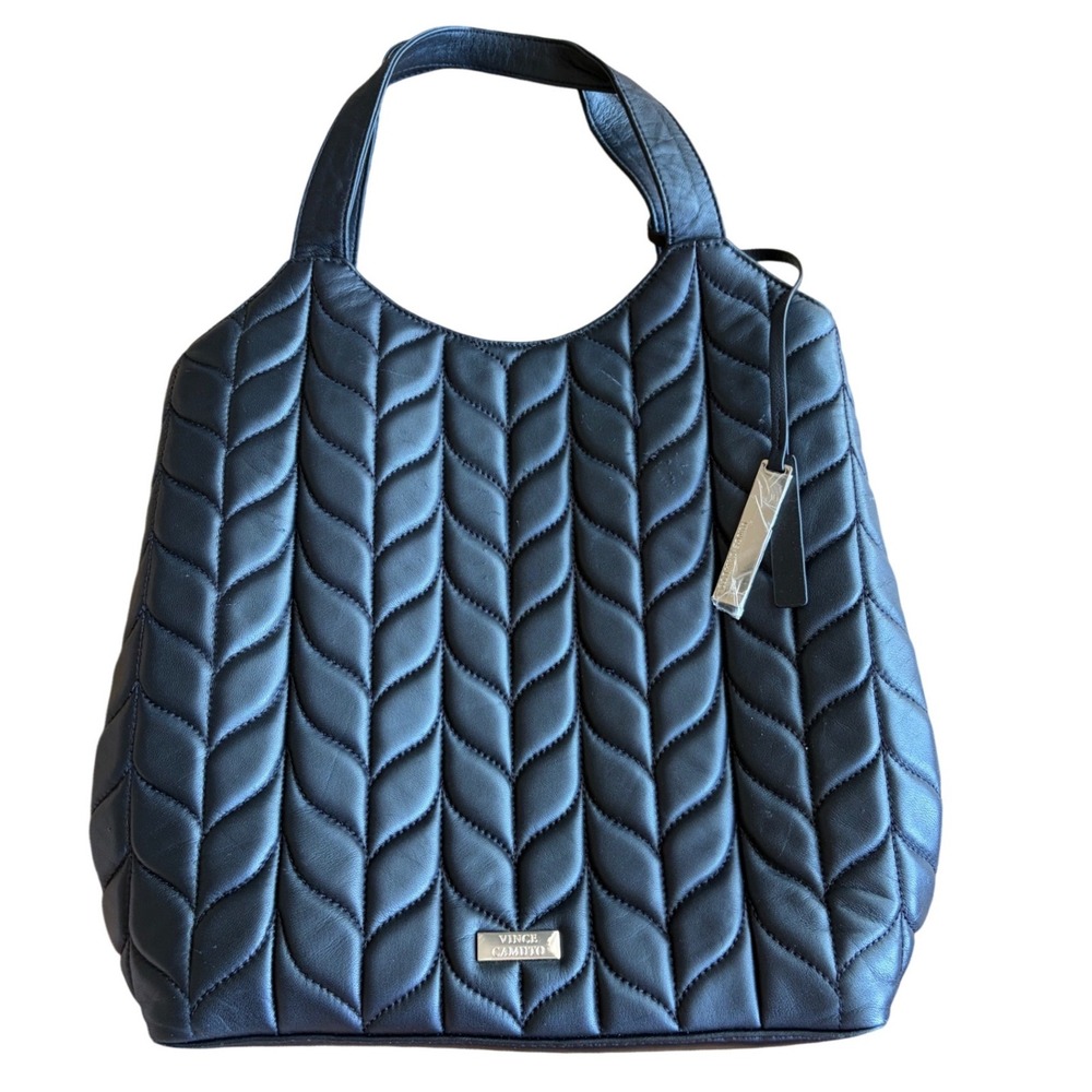 Vince Camuto Black Quilted Leather Leaf Chevron Hobo Shoulder Bag Handbag